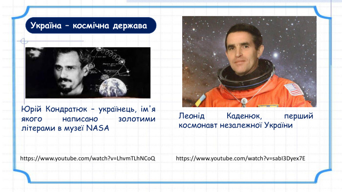 Україна – космічна держава. Юрій Кондратюк – українець, ім'я якого написано золотими літерами в музеї NASAhttps://www.youtube.com/watch?v=Lhvm. TLh. NCo. Qhttps://www.youtube.com/watch?v=sab. I3 Dyex7 EЛеонід Каденюк, перший космонавт незалежної України 
