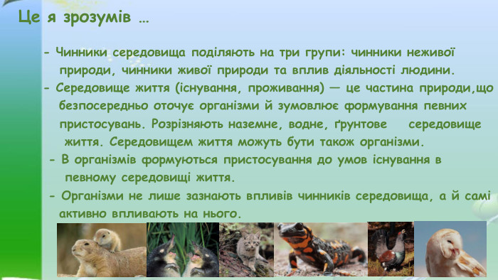 Це я зрозумів …- Чинники середовища поділяють на три групи: чинники неживої природи, чинники живої природи та вплив діяльності людини.- Середовище життя (існування, проживання) — це частина природи,що безпосередньо оточує організми й зумовлює формування певних пристосувань. Розрізняють наземне, водне, ґрунтове середовище життя. Середовищем життя можуть бути також організми. - В організмів формуються пристосування до умов існування в певному середовищі життя. - Організми не лише зазнають впливів чинників середовища, а й самі активно впливають на нього.