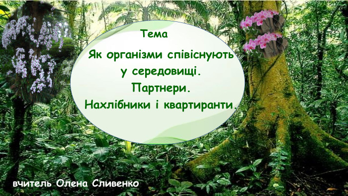  Тема. Як організми співіснують у середовищі. Партнери. Нахлібники і квартиранти.вчитель Олена Сливенко 