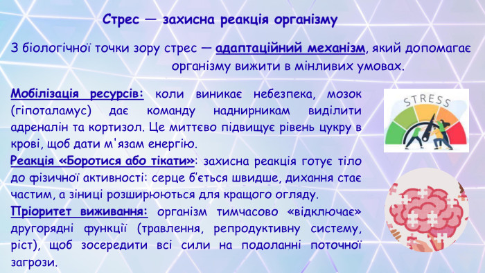 Мобілізація ресурсів: коли виникає небезпека, мозок (гіпоталамус) дає команду наднирникам виділити адреналін та кортизол. Це миттєво підвищує рівень цукру в крові, щоб дати м'язам енергію. Реакція «Боротися або тікати»: захисна реакція готує тіло до фізичної активності: серце б’ється швидше, дихання стає частим, а зіниці розширюються для кращого огляду. Пріоритет виживання: організм тимчасово «відключає» другорядні функції (травлення, репродуктивну систему, ріст), щоб зосередити всі сили на подоланні поточної загрози. Стрес — захисна реакція організму. З біологічної точки зору стрес — адаптаційний механізм, який допомагає організму вижити в мінливих умовах.
