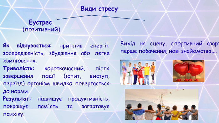 Види стресу Еустрес. Як відчувається: приплив енергії, зосередженість, збудження або легке хвилювання. Тривалість: короткочасний, після завершення події (іспит, виступ, переїзд) організм швидко повертається до норми. Результат: підвищує продуктивність, покращує пам'ять та загартовує психіку.(позитивний)Вихід на сцену, спортивний азарт, перше побачення, нові знайомства,...
