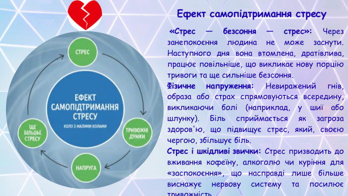 Ефект са­мопідтримання стре­су «Стрес — безсоння — стрес»: Через занепокоєння людина не може заснути. Наступного дня вона втомлена, дратівлива, працює повільніше, що викликає нову порцію тривоги та ще сильніше безсоння. Фізичне напруження: Невиражений гнів, образа або страх спрямовуються всередину, викликаючи болі (наприклад, у шиї або шлунку). Біль сприймається як загроза здоров'ю, що підвищує стрес, який, своєю чергою, збільшує біль. Стрес і шкідливі звички: Стрес призводить до вживання кофеїну, алкоголю чи куріння для «заспокоєння», що насправді лише більше виснажує нервову систему та посилює тривожність.