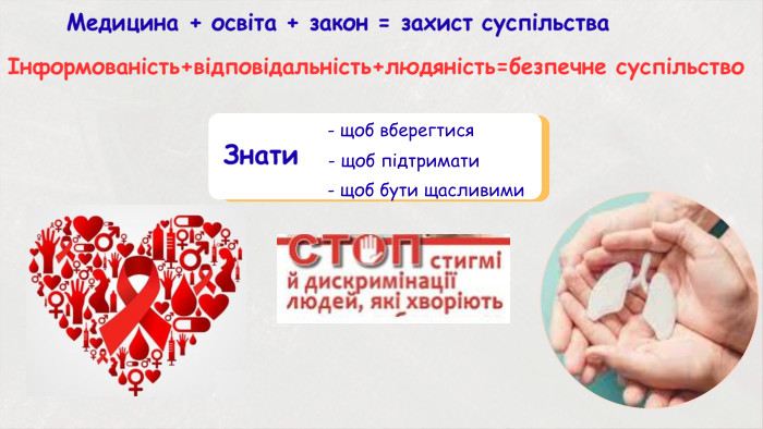 - щоб вберегтися. Медицина + освіта + закон = захист суспільстваІнформованість+відповідальність+людяність=безпечне суспільство. Знати- щоб підтримати- щоб бути щасливими