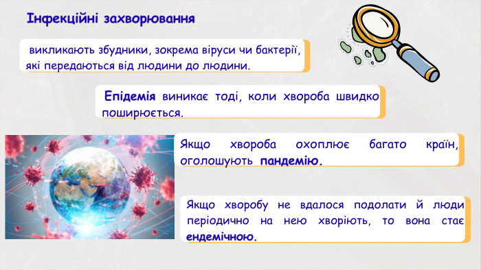  викликають збудники, зокрема віруси чи бактерії, які передаються від людини до людини.Інфекційні захворювання Епідемія виникає тоді, коли хвороба швидко поширюється. Якщо хвороба охоплює багато країн, оголошують пандемію. Якщо хворобу не вдалося подолати й люди періодично на нею хворіють, то вона стає ендемічною.