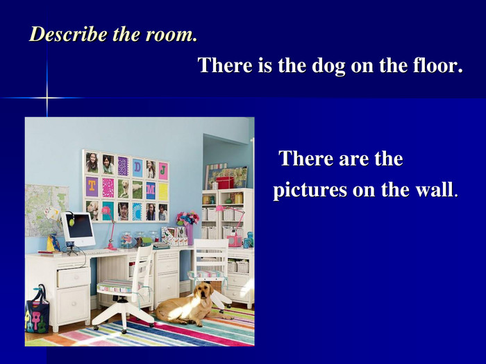 Describe the room.                               There is the dog on the floor.                                                                                There are the                                             pictures on the wall.  