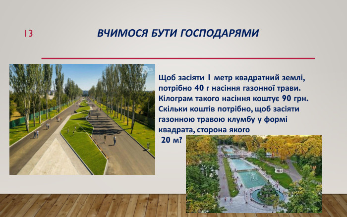 Вчимося бути господарями13 Щоб засіяти 1 метр квадратний землі, потрібно 40 г насіння газонної трави. Кілограм такого насіння коштує 90 грн. Скільки коштів потрібно, щоб засіяти газонною травою клумбу у формі квадрата, сторона якого 20 м?