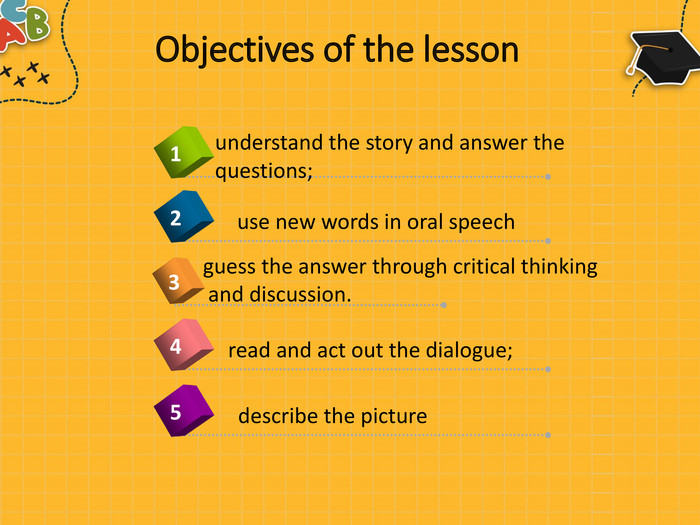  Objectives of the lessonread and act out the dialogue;4understand the story and answer the questions;1use new words in oral speech 2guess the answer through critical thinking and discussion.3describe the picture5