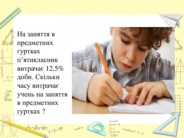 На заняття в предметних гуртках п’ятикласник витрачає 12,5% доби. Скільки часу витрачає учень на заняття в предметних гуртках ?