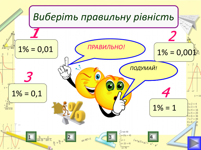 ПРАВИЛЬНО!ПОДУМАЙ!1234 ПОДУМАЙ!ПОДУМАЙ!Виберіть правильну рівність1% = 0,0111% = 0,00121% = 0,131% = 14