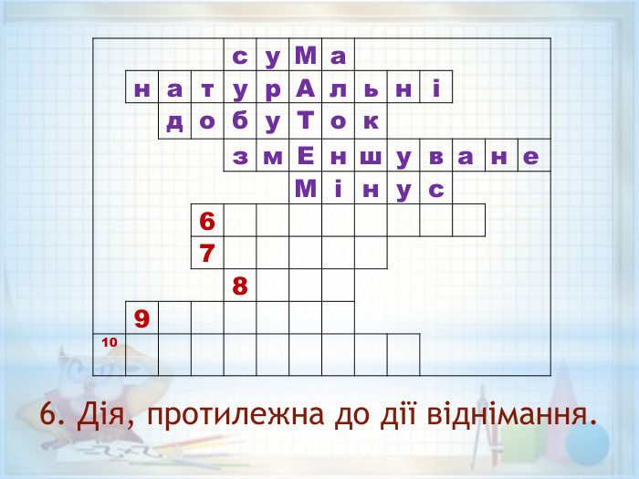  су. Ма  натур. Альнідобу. Токзм. Еншуване. Мінус6789106. Дія, протилежна до дії віднімання.