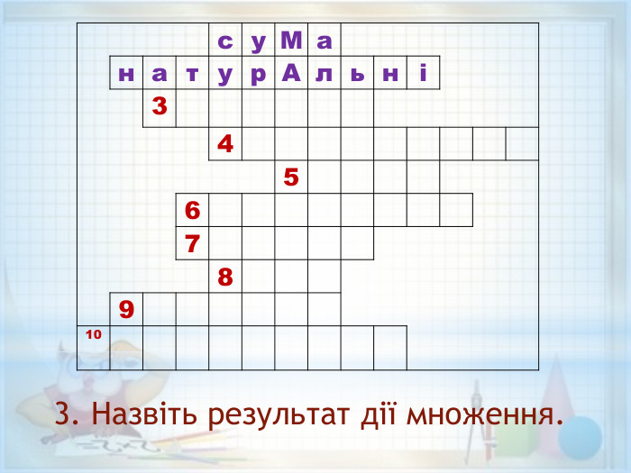  су. Ма  натур. Альні3456789103. Назвіть результат дії множення.