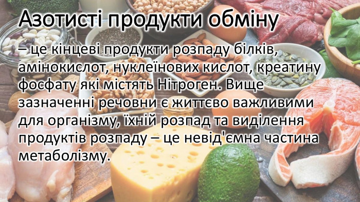 Азотисті продукти обміну – це кінцеві продукти розпаду білків, амінокислот, нуклеїнових кислот, креатину фосфату які містять Нітроген. Вище зазначенні речовни є життєво важливими для організму, їхній розпад та виділення продуктів розпаду – це невід'ємна частина метаболізму.