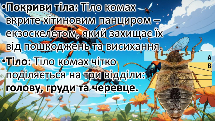 Покриви тіла: Тіло комах вкрите хітиновим панциром – екзоскелетом, який захищає їх від пошкоджень та висихання. Тіло: Тіло комах чітко поділяється на три відділи: голову, груди та черевце.