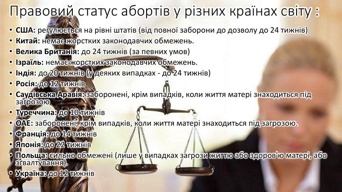 Правовий статус абортів у різних країнах світу : США: регулюється на рівні штатів (від повної заборони до дозволу до 24 тижнів) Китай: немає жорстких законодавчих обмежень. Велика Британія: до 24 тижнів (за певних умов) Ізраїль: немає жорстких законодавчих обмежень.Індія: до 20 тижнів (у деяких випадках - до 24 тижнів) Росія: до 12 тижнів Саудівська Аравія: заборонені, крім випадків, коли життя матері знаходиться під загрозою Туреччина: до 10 тижнів ОАЕ: заборонені, крім випадків, коли життя матері знаходиться під загрозою. Франція: до 14 тижнів Японія: до 22 тижнів Польща: сильно обмежені (лише у випадках загрози життю або здоров'ю матері, або зґвалтування). Україна: до 12 тижнівstyle.color