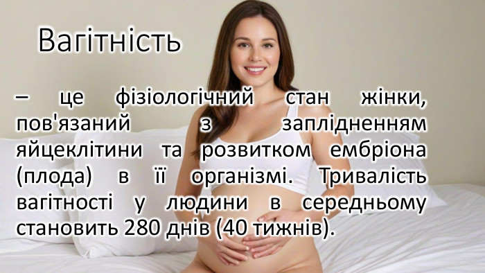 Вагітність– це фізіологічний стан жінки, пов'язаний з заплідненням яйцеклітини та розвитком ембріона (плода) в її організмі. Тривалість вагітності у людини в середньому становить 280 днів (40 тижнів).