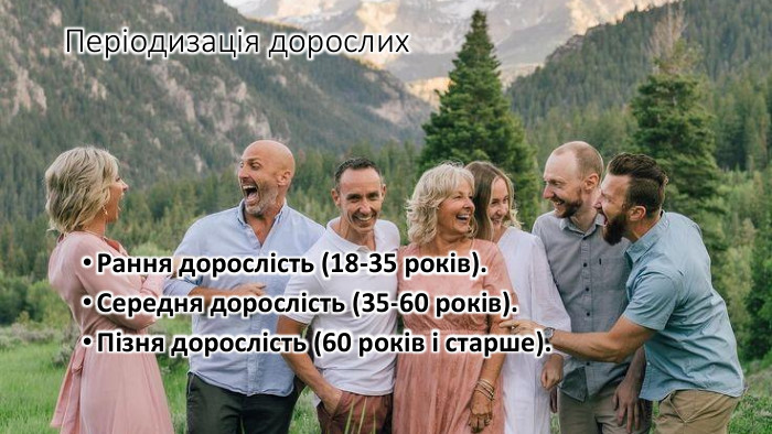 Періодизація дорослих. Рання дорослість (18-35 років). Середня дорослість (35-60 років). Пізня дорослість (60 років і старше).