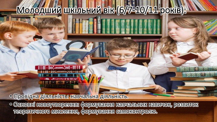 Молодший шкільний вік (6/7-10/11 років): Провідна діяльність: навчальна діяльність. Основні новоутворення: формування навчальних навичок, розвиток теоретичного мислення, формування самоконтролю.