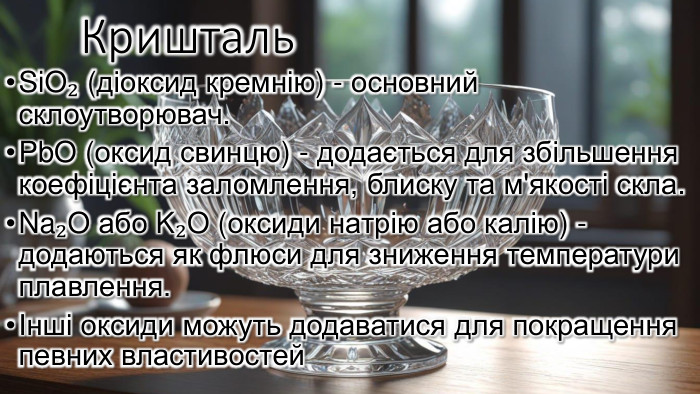 Кришталь. Si. O₂ (діоксид кремнію) - основний склоутворювач. Pb. O (оксид свинцю) - додається для збільшення коефіцієнта заломлення, блиску та м'якості скла. Na₂O або K₂O (оксиди натрію або калію) - додаються як флюси для зниження температури плавлення.Інші оксиди можуть додаватися для покращення певних властивостей