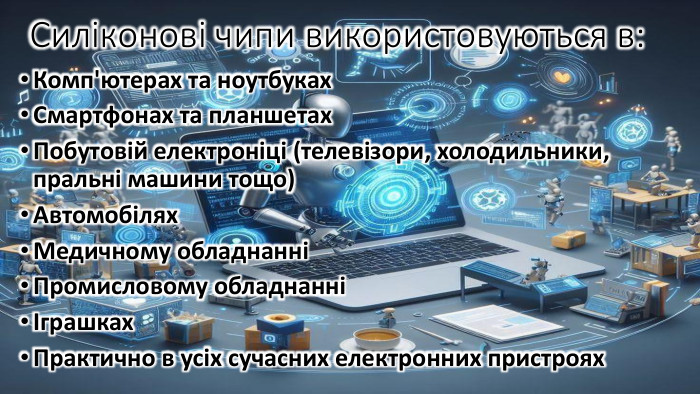 Силіконові чипи використовуються в: Комп'ютерах та ноутбуках. Смартфонах та планшетах. Побутовій електроніці (телевізори, холодильники, пральні машини тощо)Автомобілях. Медичному обладнанніПромисловому обладнанніІграшках. Практично в усіх сучасних електронних пристроях