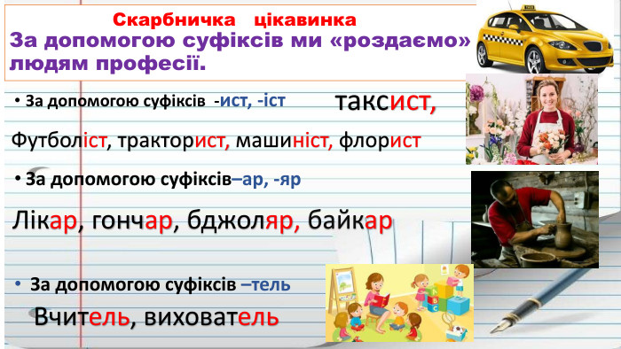  Скарбничка цікавинка За допомогою суфіксів ми «роздаємо» людям професії. За допомогою суфіксів -ист, -іст За допомогою суфіксів–ар, -яр За допомогою суфіксів –тельтаксист,Футболіст, тракторист, машиніст, флорист. Лікар, гончар, бджоляр, байкар. Вчитель, вихователь
