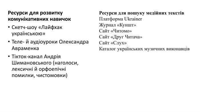 Ресурси для розвитку комунікативних навичок. Скетч-шоу «Лайфхак українською»Теле- й аудіоуроки Олександра Авраменка. Тікток-канал Андрія Шимановського (наголоси, лексичні й орфоепічні помилки, чистомовки)Ресурси для пошуку медійних текстів. Платформа Ukrainer Журнал «Куншт» Сайт «Читомо» Сайт «Друг Читача» Сайт «Слух» Каталог українських музичних виконавців