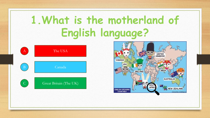 1. What is the motherland of English language?ABCThe USACanada. Great Britain (The UK)