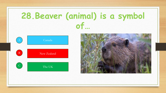 28. Beaver (animal) is a symbol of…ABCCanada. New Zealand. The UK