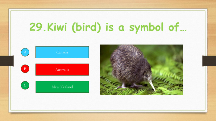 29. Kiwi (bird) is a symbol of…ABCCanada. Australia. New Zealand