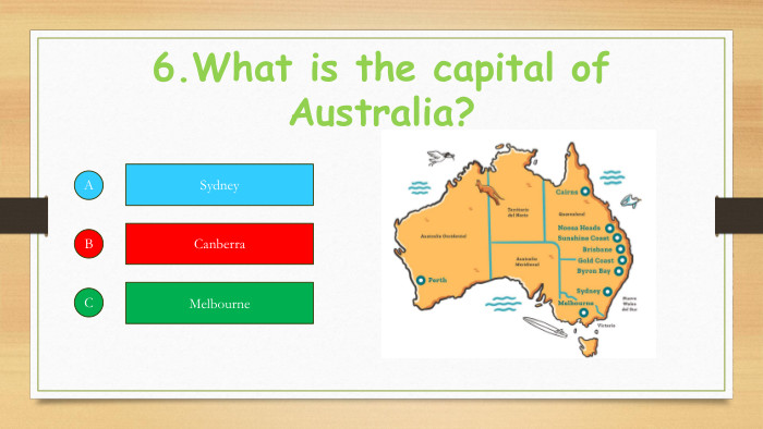 6. What is the capital of Australia?ABCCanberra. Sydney. Melbourne