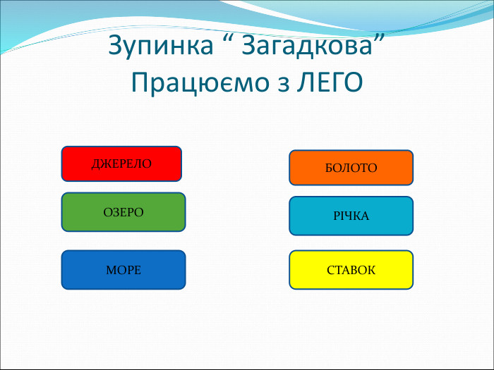 Зупинка “ Загадкова” Працюємо з ЛЕГО  ДЖЕРЕЛО   ОЗЕРО МОРЕ БОЛОТО РІЧКА СТАВОК 