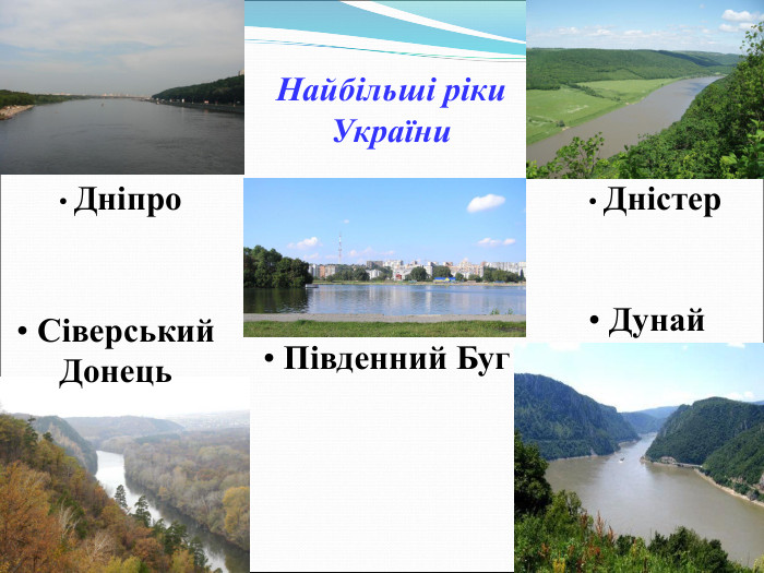 Найбільші ріки України   Дністер  Дунай  Сіверський Донець  Південний Буг  Дніпро 