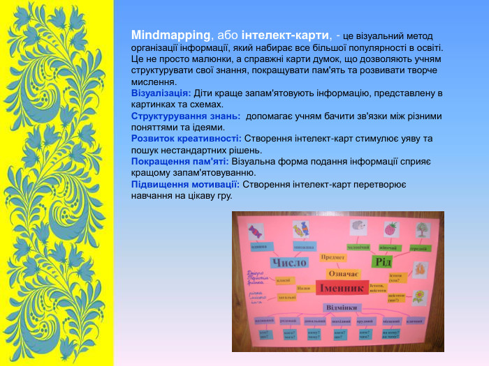 Mindmapping, або інтелект-карти, - це візуальний метод організації інформації, який набирає все більшої популярності в освіті. Це не просто малюнки, а справжні карти думок, що дозволяють учням структурувати свої знання, покращувати пам'ять та розвивати творче мислення. Візуалізація: Діти краще запам'ятовують інформацію, представлену в картинках та схемах. Структурування знань:  допомагає учням бачити зв'язки між різними поняттями та ідеями. Розвиток креативності: Створення інтелект-карт стимулює уяву та пошук нестандартних рішень. Покращення пам'яті: Візуальна форма подання інформації сприяє кращому запам'ятовуванню. Підвищення мотивації: Створення інтелект-карт перетворює навчання на цікаву гру.  