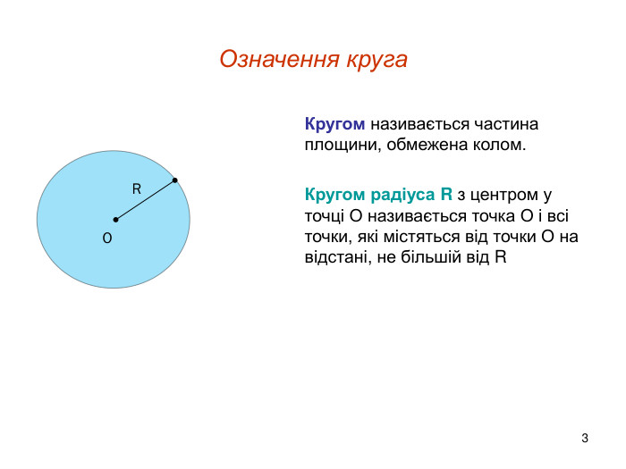 3 Означення круга. Кругом називається частина площини, обмежена колом. Кругом радіуса R з центром у точці О називається точка О і всі точки, які містяться від точки О на відстані, не більшій від R RО