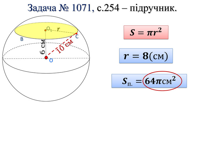 OO1 CB𝑺=𝝅𝒓𝟐 Задача № 1071, с.254 – підручник.6 см10 смr𝒓=𝟖(см) 𝑺п.=𝟔𝟒𝝅см𝟐 