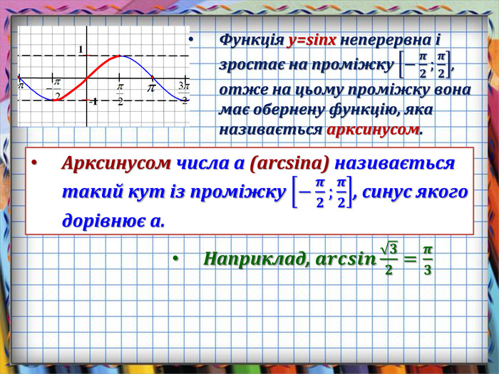Функція y=sinx неперервна і зростає на проміжку −𝝅𝟐;𝝅𝟐, отже на цьому проміжку вона має обернену функцію, яка називається арксинусом. Арксинусом числа а (arcsina) називається такий кут із проміжку −𝝅𝟐;𝝅𝟐, синус якого дорівнює а. Наприклад, 𝒂𝒓𝒄𝒔𝒊𝒏𝟑𝟐=𝝅𝟑 
