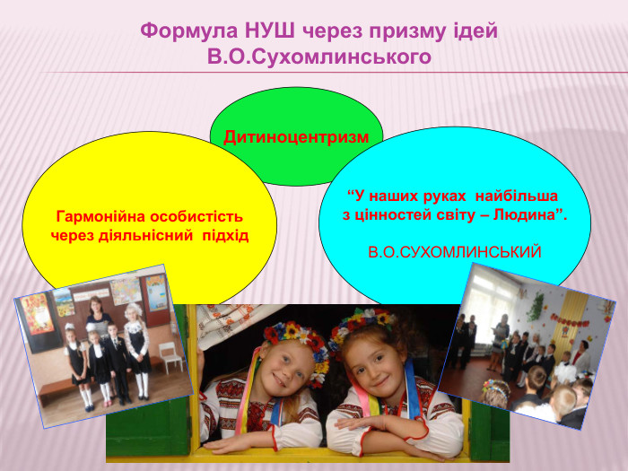 Формула НУШ через призму ідей В. О. Сухомлинського. Дитиноцентризм. Гармонійна особистістьчерез діяльнісний підхід“У наших руках найбільша з цінностей світу – Людина”. В. О. СУХОМЛИНСЬКИЙ