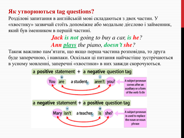 Як утворюються tag questions?Розділові запитання в англійській мові складаються з двох частин. У «хвостику» зазвичай стоїть допоміжне або модальне дієслово і займенник, який був іменником в першій частині. Jack is not going to buy a car, is he? Ann plays the piano, doesn’t she?Також важливо пам’ятати, що якщо перша частина розповідна, то друга буде заперечною, і навпаки. Оскільки ці питання найчастіше зустрічаються в усному мовленні, заперечні «хвостики» в них завжди скорочуються. 