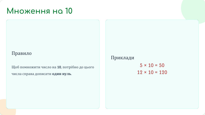 Правило. Щоб помножити число на 10, потрібно до цього числа справа дописати один нуль. Приклади. Множення на 10
