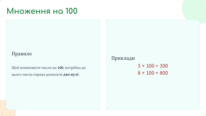 Правило. Щоб помножити число на 100, потрібно до цього числа справа дописати два нулі. Приклади. Множення на 100