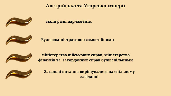Австрійська та Угорська імперії мали різні парламенти Були адміністративно самостійними Міністерство військових справ, міністерство фінансів та закордонних справ були спільними Загальні питання вирішувалися на спільному засіданні 
