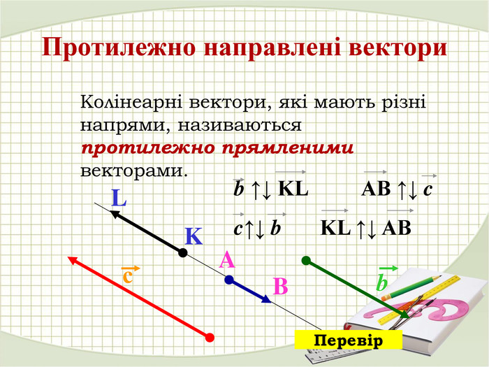 с b L K A B Протилежно направлені вектори b ↑↓ KL          AB ↑↓ c c↑↓ b       KL ↑↓ AB Перевір Колінеарні вектори, які мають різні напрями, називаються протилежно прямленими векторами.