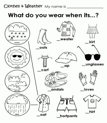 Printable Weather Clothes Worksheet | English activities for kids, Weather  worksheets, English worksheets for kids