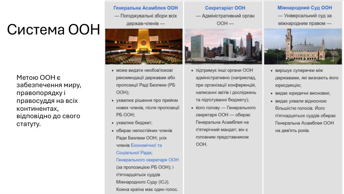 Система ООНМетою ООН є забезпечення миру, правопорядку і правосуддя на всіх континентах, відповідно до свого статуту.