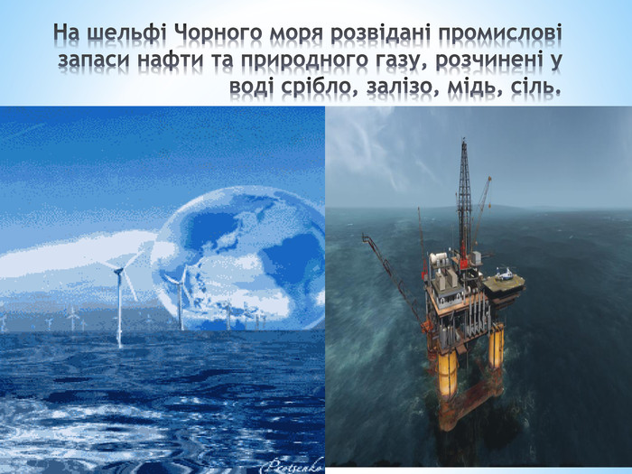 На шельфі Чорного моря розвідані промислові запаси нафти та природного газу, розчинені у воді срібло, залізо, мідь, сіль.