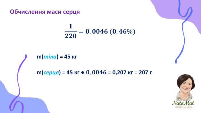 Nata. Malтвій світ твоє життя ֍ ֍ ֍ Обчислення маси серця𝟏𝟐𝟐𝟎=𝟎,𝟎𝟎𝟒𝟔 (𝟎,𝟒𝟔%) m(тіла) = 45 кгm(серця) = 45 кг ● 𝟎,𝟎𝟎𝟒𝟔 = 0,207 кг = 207 г 