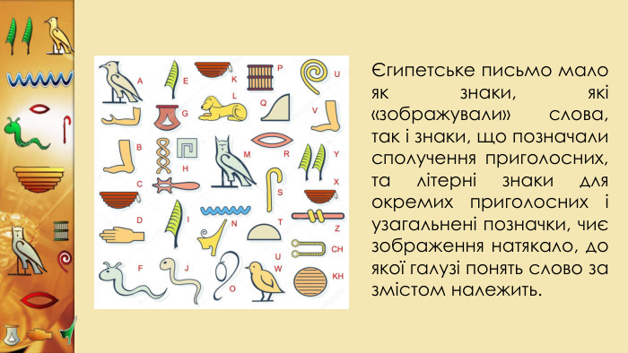 Єгипетське письмо мало як знаки, які «зображували» слова, так і знаки, що позначали сполучення приголосних, та літерні знаки для окремих приголосних і узагальнені позначки, чиє зображення натякало, до якої галузі понять слово за змістом належить.