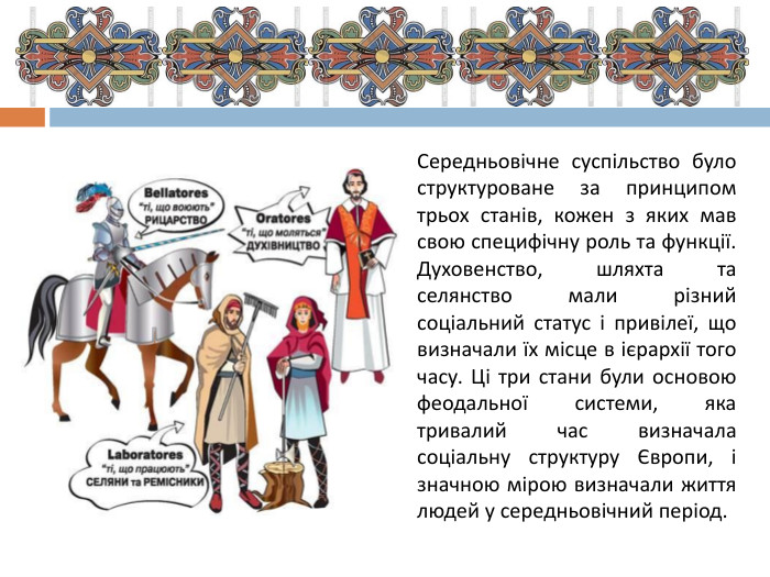 Середньовічне суспільство було структуроване за принципом трьох станів, кожен з яких мав свою специфічну роль та функції. Духовенство, шляхта та селянство мали різний соціальний статус і привілеї, що визначали їх місце в ієрархії того часу. Ці три стани були основою феодальної системи, яка тривалий час визначала соціальну структуру Європи, і значною мірою визначали життя людей у середньовічний період.