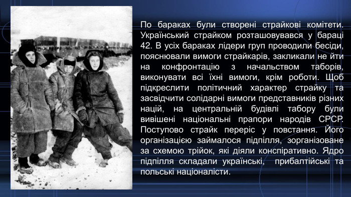 По бараках були створені страйкові комітети. Український страйком розташовувався у бараці 42. В усіх бараках лідери груп проводили бесіди, пояснювали вимоги страйкарів, закликали не йти на конфронтацію з начальством таборів, виконувати всі їхні вимоги, крім роботи. Щоб підкреслити політичний характер страйку та засвідчити солідарні вимоги представників різних націй, на центральній будівлі табору були вивішені національні прапори народів СРСР. Поступово страйк переріс у повстання. Його організацією займалося підпілля, зорганізоване за схемою трійок, які діяли конспіративно. Ядро підпілля складали українські, прибалтійські та польські націоналісти.