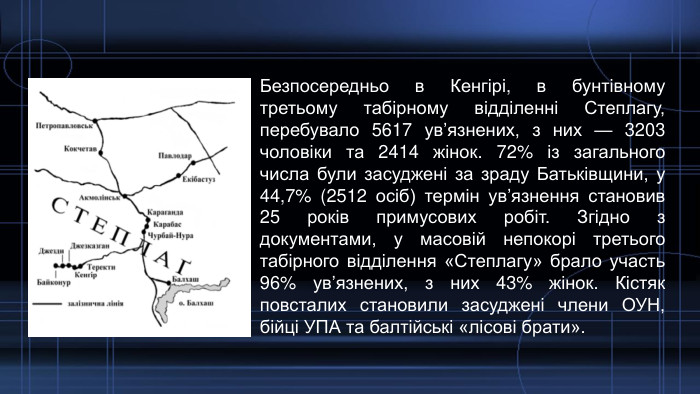 Безпосередньо в Кенгірі, в бунтівному третьому табірному відділенні Степлагу, перебувало 5617 ув’язнених, з них — 3203 чоловіки та 2414 жінок. 72% із загального числа були засуджені за зраду Батьківщини, у 44,7% (2512 осіб) термін ув’язнення становив 25 років примусових робіт. Згідно з документами, у масовій непокорі третього табірного відділення «Степлагу» брало участь 96% ув’язнених, з них 43% жінок. Кістяк повсталих становили засуджені члени ОУН, бійці УПА та балтійські «лісові брати».