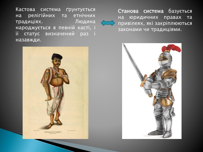 Кастова система ґрунтується на релігійних та етнічних традиціях. Людина народжується в певній касті, і її статус визначений раз і назавжди. Станова система базується на юридичних правах та привілеях, які закріплюються законами чи традиціями.